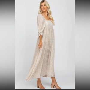 Pink Blush Beige Chiffon Printed Square Neck Empire Maxi Dress